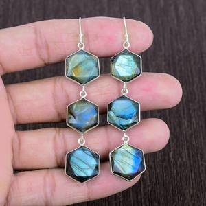 Boucles d'oreilles en labradorite bleue, argent sterling 925, hexagone, pendantes, faites à la main, bijoux en pierres précieuses, cadeau - Product Image 1