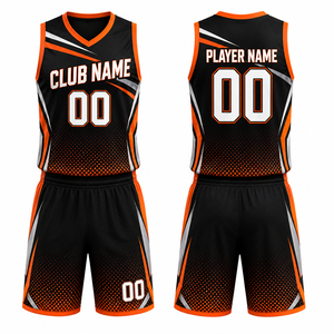 Ensemble de maillots de basket-ball personnalisés, noir et orange, impression par sublimation, polyester respirant, uniformes unisexes pour adultes avec numéro et nom - Product Image 1