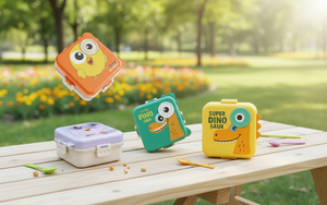 Boîte à bento carrée en plastique pour enfants, motif dinosaure mignon, boîte à lunch en acier inoxydable, boîte de rangement alimentaire - Product Image 6
