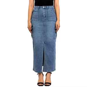Custom 100% Cotton Blue Denim <b>Skirt</b> for Women Washed Vintage High Waist <b>Split</b> Women's New Fashion Retro Stretch Jean <b>Skirts</b> Cott - Product Image 6