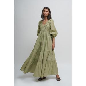 Robe longue trapèze 100 % coton vert olive avec col en V, manches lanternes, volants superposés, style estival respirant en lin pour femme - Product Image 4