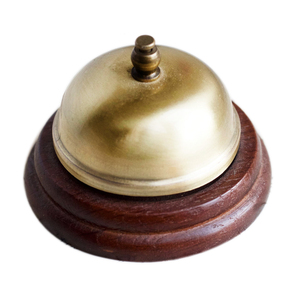 Vintage <b>Solid</b> Brass <b>Desk</b> Bell with Round <b>Wooden</b> Base Traditional Hotel Reception Call Bell for Counter and Office Decor - Product Image 2