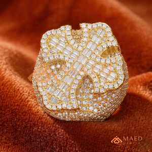 14K,18k Yellow Gold Men's <b>Iced</b> Out Cross <b>Ring</b> | VVS Moissanite Baguette & Round Pave Signet <b>Ring</b> | Hip Hop Statement Jewellery - Product Image 4