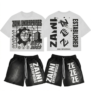 Ensemble T-shirt et short pour homme ZAINI 280 GSM 100% polyester French Terry blanc et noir avec broderie à la main et logo personnalisé sur le devant - Product Image 1