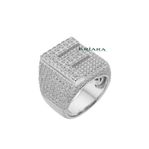Bague Cocktail Homme en Argent 925 Plaqué Or Blanc avec Moissanite Taille Ronde Brillante, Sertissage Pavé, Design Géométrique de Luxe - Product Image 1