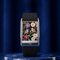 Montre connectée unisexe de luxe avec mosaïque botanique d'oiseaux et pierres précieuses exquises, bracelet rectangulaire léger et élégant en ton argenté