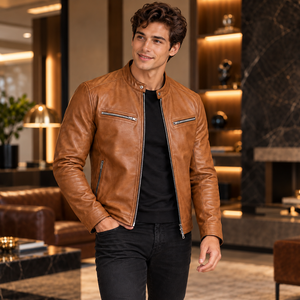 <b>Men</b>’s Camel Brown <b>Genuine</b> <b>Leather</b> Moto <b>Jacket</b>, Full Zip Front, Stand-Up Collar, Zipper Chest Pockets, OEM Manufacturer - Product Image 4