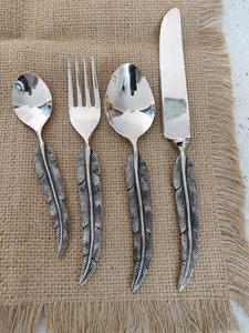 Juego de cubiertos de 4 piezas con mango de plumas, juego de cubiertos vintage con hojas plateadas, juego de cuchara, tenedor y cuchillo antiguos para el hogar - Product Image 3