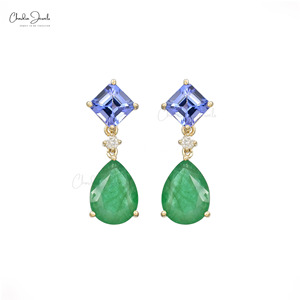 Ready Stock 14K Solid Gold Dual Gemstone Dangle <b>Earrings</b> Real Emerald Drop & Tanzanite <b>Top</b> <b>Earrings</b> 0.12CTW Fine Diamond Jewelry - Product Image 1