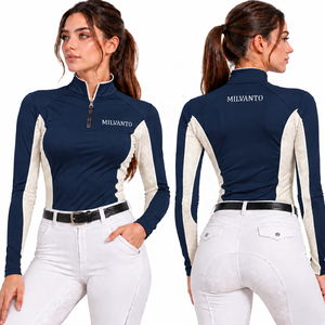 Camisa de equitación personalizada Olive para mujer, con cremallera de un cuarto, manga larga, para competición ecuestre, transpirable y de alto rendimiento. - Product Image 6