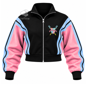 Conjunto Deportivo para Mujer Gamma Phi Delta Sorority, Chaqueta con Cierre y Rayas Rosa y Azul, Pantalones Anchos a Juego - Product Image 2