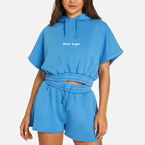 Custom Embriordery Logo Casual Wear Two Piece Hoodei & Short <b>Set</b> For Women 100% Cotton Hip Hop Style Summer Wear Tracksuit - Product Image 1