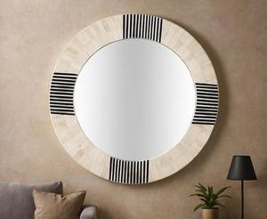Round Bone Inlay Wood Frame <b>Mirror</b> With <b>Black</b> White Stripe Design Modern Farmhouse Decor <b>Wall</b> <b>Mirror</b> For Bathroom - Product Image 5