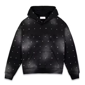 Sweat à capuche zippé Streetwear personnalisé en coton épais noir, coupe oversize, avec impression intégrale délavée à l'acide et strass - Product Image 6