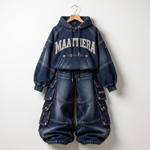 <b>Womens</b> Dark Blue Washed Denim Cargo Tracksuit Cropped Oversized Hoodie <b>Baggy</b> Wide Leg <b>Jeans</b> Streetwear Custom OEM Wholesale - Product Image 5