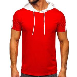 เสื้อยืดผู้ชายสีแดงมีฮู้ดทรงเข้ารูปแขนสั้นผ้าถักโพลีเอสเตอร์สีพื้นลำลองใส่สบายระบายอากาศได้ดีสำหรับฤดูร้อน - Product Image 1