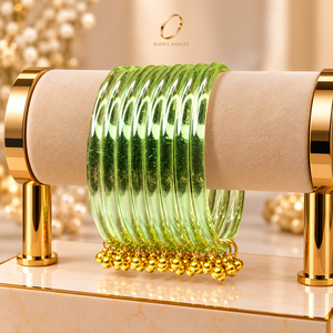 Pulseras de cristal verde transparente estilo gota de lluvia festivas de Cachemira con cascabeles dorados Ghungroo para mujer, joyería nupcial india al por mayor - Product Image 4