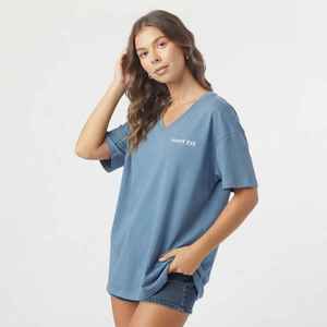 Women's <b>Blue</b> V-Neck Short <b>Sleeve</b> T-Shirt Loose Fit 100% Cotton Casual Jersey Logo <b>Top</b> - Product Image 1