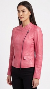 Wholesale Women Washed <b>Pink</b> Leather <b>Jacket</b> Asymmetric Zip Biker Coat Custom Quilted Collar Slim Fit Outerwear Supplier - Product Image 3
