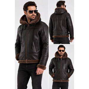Custom Men's B3 <b>Shearling</b> Sheepskin Leather Eco-Friendly Windproof Cozy Sherpa Fur Lined Hooded Winter <b>Bomber</b> Flight <b>Jacket</b> - Product Image 4