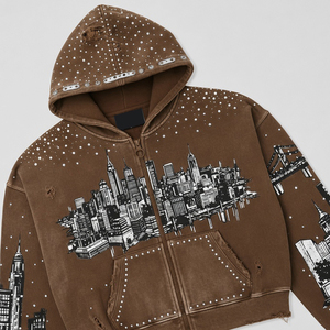 Sweat à capuche zippé pour homme, style vintage streetwear, imprimé graphique avec strass, nouveau style tendance unisexe. - Product Image 4