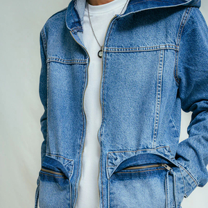 Winter Fall Custom OEM High Quality Pullover Zipper Up Jeans Denim Hoodie Oversize Drop Shoulder With Pockets Hooded For Men's - Product Image 5