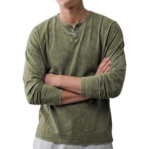 Camisa Henley de algodón lavado de manga larga para hombre, camiseta informal vintage, suéter suave con cuello abotonado para otoño y uso diario - Product Image 1