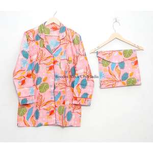 Ensemble de pyjama long élégant pour femme, printemps-été, à porter au quotidien, en coton respirant, doux, de haute qualité, imprimé à la main - Product Image 2