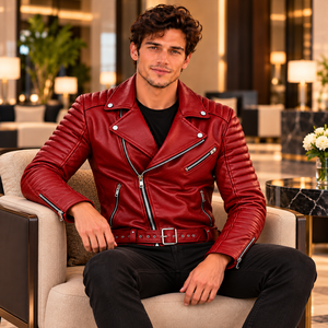 Rote Lederjacke für Herren aus echtem Leder mit Gürtel, Reverskragen und gesteppten Ärmeln, klassische Bikerjacke für Mode und Großhandel. - Product Image 5