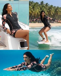 Women's 3 Piece Swimwear Set High Neck <b>Long</b> <b>Sleeve</b> Top Bandeau Bra Shorts Floral Print Contrast Binding Spandex Polyester - Product Image 3