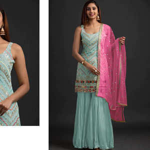 Collection de Salwar Kameez pour femmes pakistanaises, dernière collection de designers, en faux chiffon lourd, lavable, séchage rapide, coupe régulière en A. - Product Image 1