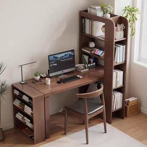 Wood Computer Desktop Retractable <b>Desk</b> with Integrated Bookshelf Storage for Home Office Furniture Set - Product Image 6