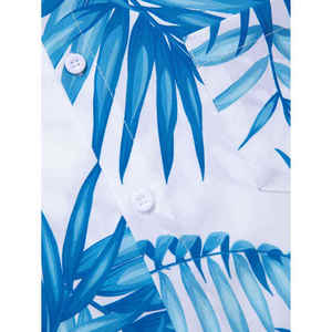 Chemise boutonnée à manches courtes pour homme, motif feuilles de palmier tropicales blanches et bleues, ensemble 2 pièces avec short assorti, tenue décontractée hawaïenne pour la plage - Product Image 5