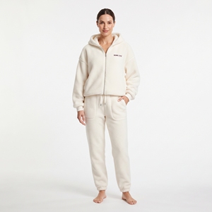 Sudadera con capucha de forro polar Sherpa para mujer, con cremallera completa y bolsillos laterales, y pantalones deportivos para invierno, OEM ODM. - Product Image 4