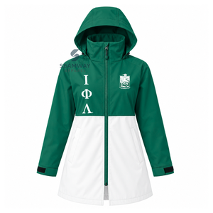 Chaqueta Impermeable con Capucha Verde y Blanca para Mujer de la Hermandad Iota Phi Lambda, Chaqueta Anorak de Manga Larga con Letras Griegas para Exteriores - Product Image 1