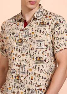 Camisa de Algodón Off-White para Hombre con Estampado Warli, Corte Regular, Diseño Internacional, Estilo Casual de Verano con Cuello y Mangas Cortas - Product Image 2