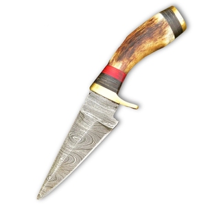 Cuchillo de desollar de acero de Damasco hecho a mano con hoja de punta caída y mango de cuerno y madera, cuchillo de camping para hombre - Personalizable ODM/OEM/OBM - Product Image 1