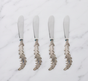 4 Piece Stainless Steel Cheese <b>Knife</b> Set With Feather Design Handle Silver Cheese <b>Spreader</b> For Kitchen Use - Product Image 1