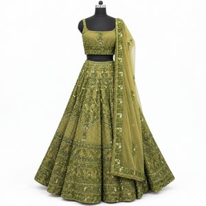 Olive Green Embroidered Lehenga Set 3 Piece Sequin <b>Beaded</b> Blouse | Flared <b>Skirt</b> with Embellished Dupatta for Wedding Party Wear - Product Image 1