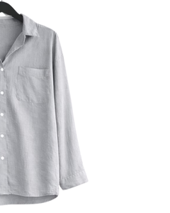 Ensemble deux pièces en lin gris clair pour femmes, chemise à manches longues boutonnée et pantalon à jambes larges à taille élastique, tenue décontractée - Product Image 2