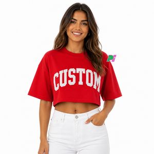 Camiseta Corta para Mujer, Personalizada con Bordado de Letras, Cuello Redondo, Manga Corta, Corte Holgado, Informal, Primavera Verano, 100% Algodón - Product Image 1