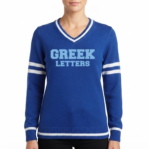 Women's 100% Cotton Blue Knitted V Neck Cardigan White Stripes <b>Custom</b> Greek Letters Applique Vintage Preppy Style Long Sleeve - Product Image 3
