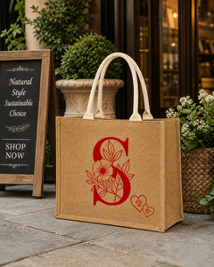 Oversized Jute <b>Tote</b> Bag with <b>Zip</b> Floral Monogram S Print Eco Friendly Shopping Carry Bag - Product Image 3