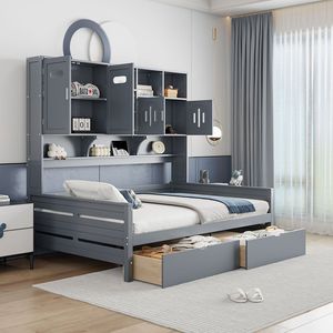 Divano letto matrimoniale in legno con 2 cassetti, armadio e scaffale grigi tutto in uno - Product Image 3