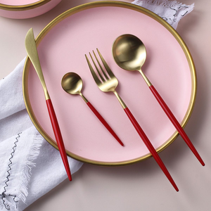 Gorgeous matte gold cutlery set, beautiful elegant vibrant red <b>slim</b> handles, premium quality, available at wholesale prices. - Product Image 1