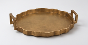 Custom Round Gold Metal Serving <b>Tray</b> <b>Handle</b> Finish Platter <b>With</b> Scalloped Edge Elegant Tableware For Wholesale Bulk Supply - Product Image 4
