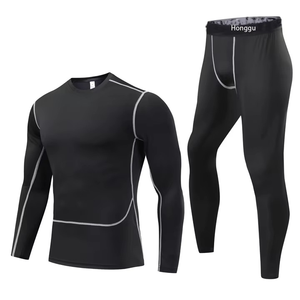 Ensemble de compression noir pour homme à manches longues, col ras du cou, séchage rapide, écologique, imperméable, en Spandex et Polyester, haut et pantalon - Product Image 2