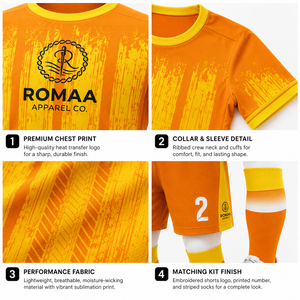 ROMAA APPAREL CO. ชุดเสื้อฟุตบอลผู้ชายลายทางสีส้มเหลืองแขนสั้นคอกลมระบายความชื้นได้ดีทรงสปอร์ต - Product Image 3