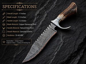 Cuchillo de caza hecho a mano de acero de Damasco con hoja fija de punta caída, filo dentado y mango de cuerno, con funda de cuero - Product Image 2