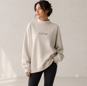 Sweat-shirt oversize pour femme, col montant, coton, fibre de bambou, design asymétrique, manches longues, logo personnalisé, impression sur le devant - Product Image 1